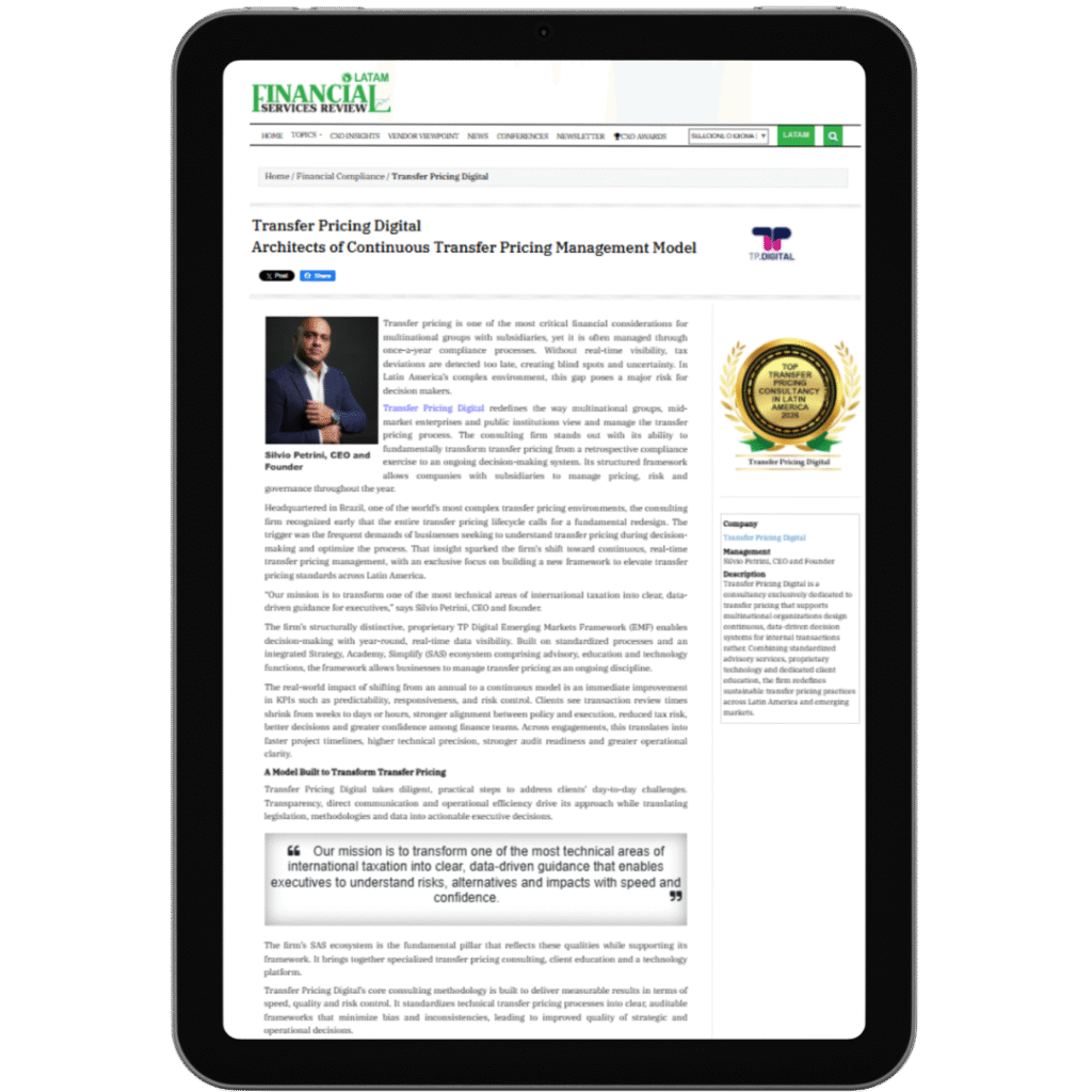 Revista Financial Services Review reconhece a TP Digital como referência em consultoria de Transfer Pricing na América Latina.